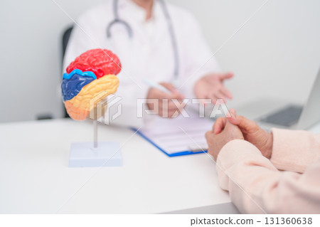 Elderly Patient consulting Doctor to Brain disease, Senior Health Medical Diagnosis. Anatomy Brain model for Explanation, Brain Tumor, neurological disorders, Dementia, alzheimer, parkinson and Mental 131360638