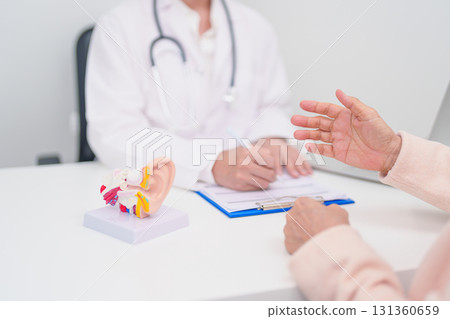 Elderly Patient consulting Doctor to Ear disease. Senior Health Medical Diagnosis. Anatomy Ear model for Atresia, Otitis Media, Pertorated Eardrum, Meniere syndrome, otolaryngologist, Hearing Loss 131360659