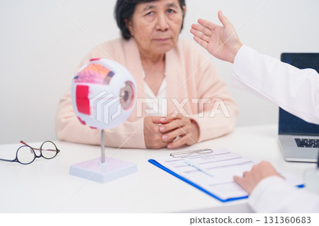 Elderly Patient consulting Doctor to Eye disease, Senior Medical Diagnosis. Anatomy Eye model for Cataract, Glaucoma, Age Related Macular Degeneration, Diabetic Retinopathy, Vitreous, health concept Elderly Patient consulting Doctor to Eye disease, Senior Medical Diagnosis. Anatomy Eye model for Cataract, Glaucoma, Age Related Macular Degeneration, Diabetic Retinopathy, Vitreous, health concept 131360683