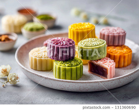Colorful mooncakes on ceramic plate, soft lighting 131360690