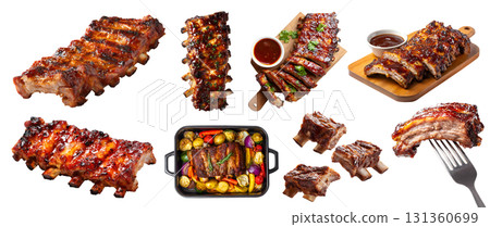 Set of Baby back spare side ribs sparerib pork meat, sliced slab, barbecue grilled smoked braise, oven tray, wooden serve board, fork, sauce dipping, isolated transparent cutout PNG. Mockup 131360699