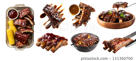 Set of sparerib Baby back spare side ribs pork meat, barbecue BBQ sauce, grilled smoked braise, sliced slab, tong, grill, oven pan, wooden bowl, isolated transparent cutout PNG. Mockup for design 131360700