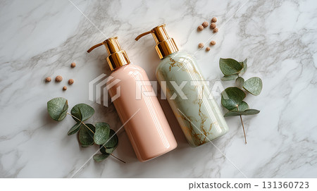 Elegant shampoo and conditioner bottles on marble surface 131360723