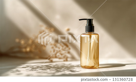 Transparent bottle with black pump on beige surface 131360728
