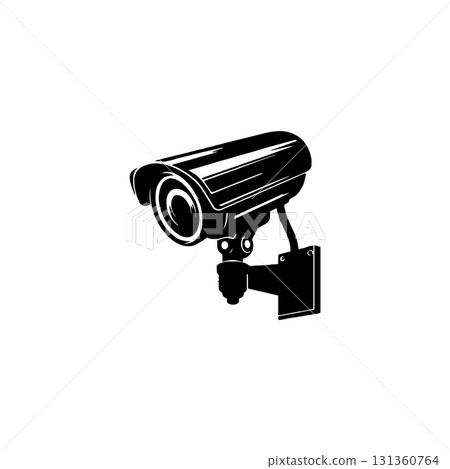 Black silhouette of a modern security surveillance camera mounted on a wall 131360764