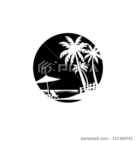 Vector icon of beach scene with black circle background 131360791