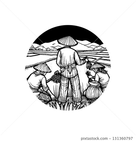 featuring an illustration of a farmer in a rice field in black and white art style. 131360797