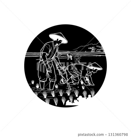 icon vector illustration of farmers planting rice in the fields 131360798