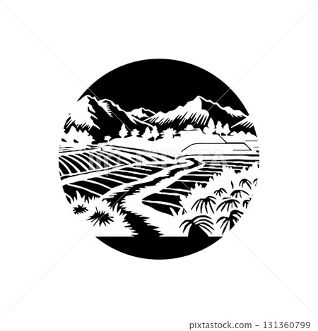 This image shows an illustration of a view of rice fields and mountains. 131360799
