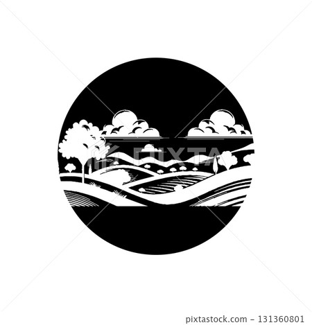 This circular black and white illustration depicts a rural landscape with a serene feel. This circular black and white illustration depicts a rural landscape with a serene feel. 131360801