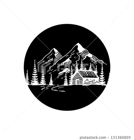 black circle view of mountains and houses in the village. 131360805