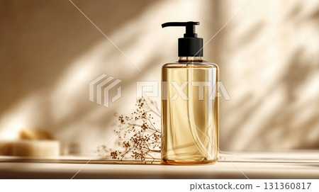 Transparent body wash bottle with black pump on beige surface 131360817
