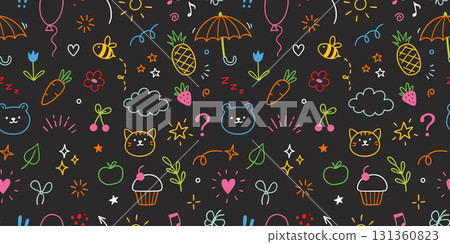 Cute icon kid pattern. Seamless vector pattern with happy baby animals face and fun cartoon elements. Playful sketchy design with hearts, stars, and creative hand drawn 131360823