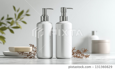 Two modern pump bottles on clean white background Two modern pump bottles on clean white background 131360829
