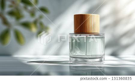 Glass bottle with wooden cap on white background Glass bottle with wooden cap on white background 131360835