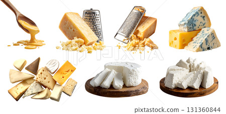 Set of cheese, coagulated dairy milk slices pieces halved, grater, melting, serve board. Swiss, mozzarella, paneer, blue, Parmesan, transparent 131360844