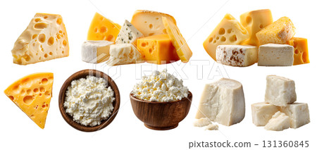 Collection of cheese, dairy coagulated milk, sliced pieces halved, on bowl, Swiss, Alpine, cottage, paneer, blue, Parmesan, transparent cutout PNG. Many different flavour texture form. Mockup 131360845