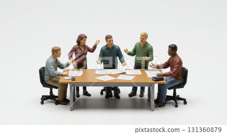 Miniature figures of employees discussing at a company meeting 131360879