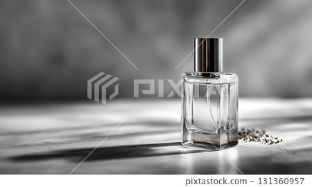 Elegant clear perfume bottle on smooth background 131360957