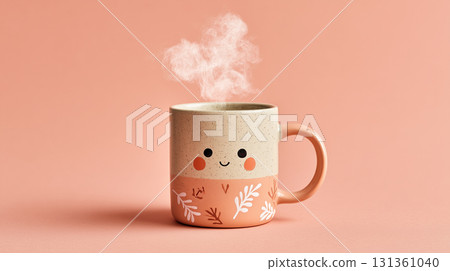 Cute mug with heart shaped steam on pastel background Cute mug with heart shaped steam on pastel background 131361040