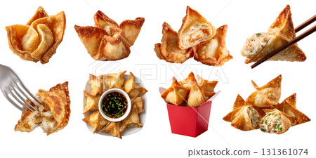 Set of Crispy fried wontons dumpling, Crab Rangoon puffs, stack pile, fork, takeaway bucket, dip sauce, broken bitten pieces on transparent cutout PNG. Mockup 131361074