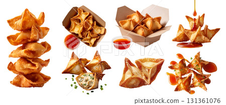 Set of fried Crispy wontons dumpling, Crab Rangoon puffs, takeaway carton box, chili dip sauce, stack pile broken bitten pieces on transparent cutout PNG. Mockup for design 131361076