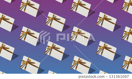 A pattern of gift cards with orange ribbons on a gradient background of pink and blue. Ideal for e-commerce promotions and Cyber Monday sales. A pattern of gift cards with orange ribbons on a gradient background of pink and blue. Ideal for e-commerce promotions and Cyber Monday sales. 131361097