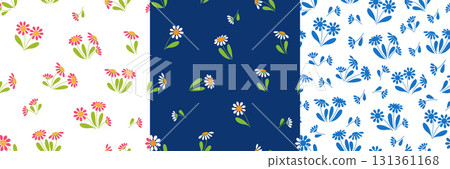 Colorful daisy seamless pattern set. Pastel, dark, and monochrome. 131361168