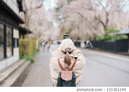 Woman tourist sightseeing and taking photo Sakura Cherry Blossom in Spring. traveler travel in Samurai village in Kakunodate town, Semboku District, Akita Prefecture, Japan. Landmark and vacation Woman tourist sightseeing and taking photo Sakura Cherry Blossom in Spring. traveler travel in Samurai village in Kakunodate town, Semboku District, Akita Prefecture, Japan. Landmark and vacation 131361249