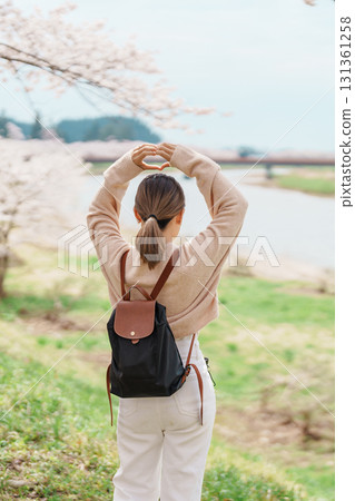 Woman tourist sightseeing Sakura Cherry Blossom in Spring. Happy traveler travel near Hinokinai River riverbank in Kakunodate town, Semboku District, Akita Prefecture, Japan. Landmark and Vacation 131361258