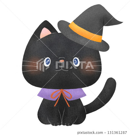 戴著萬聖節帽子的黑貓[萬聖節/手繪風格] 131361287