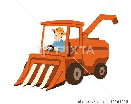 Illustration of a man driving a rice harvesting tractor 131361366