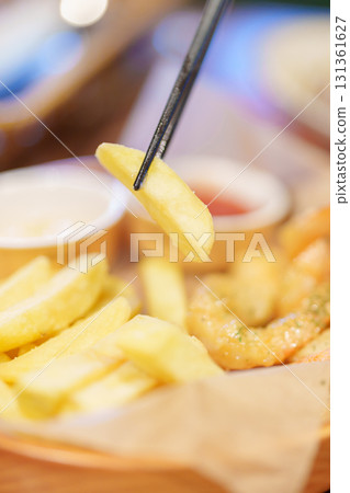 Shrimp Tempura with Vegetable Tempura and french fried on plate Shrimp Tempura with Vegetable Tempura and french fried on plate 131361627