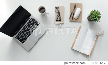 Perfect for adding text! Minimalist desk flat lay background material 131361647