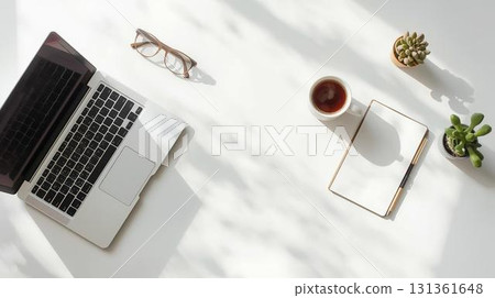 Perfect for adding text! Minimalist desk flat lay background material 131361648