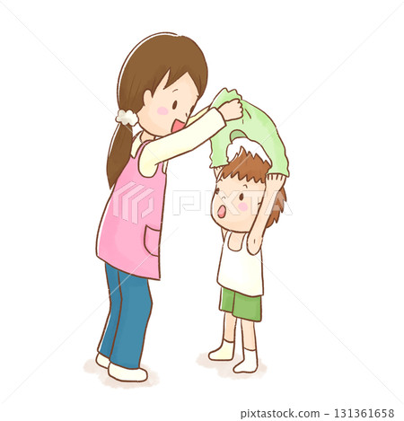 保育員幫助孩子換衣服的插圖(獨立素材、透明背景相容、白色背景)/有影印空間 保育員幫助孩子換衣服的插圖(獨立素材、透明背景相容、白色背景)/有影印空間 131361658