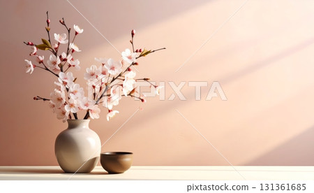 Still life of spring flowers in a glass vase on a wooden table, a beautiful decoration 131361685