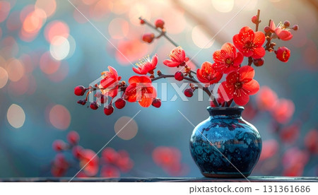 A red cherry blossom in a vase A red cherry blossom in a vase 131361686