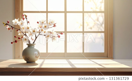 White Japanese vase with flowers on a wooden table in a traditional room with a paper screen and natural light 131361729
