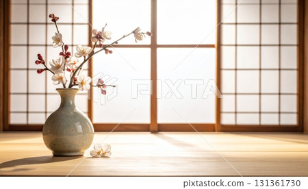 White Japanese vase with flowers on a wooden table in a traditional room with a paper screen and natural light 131361730