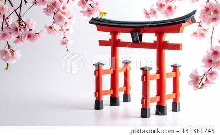 Red Japanese Gate with Cherry Blossoms on White Background 131361745