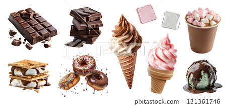 Collection of dessert candy candies treats sweets, Soft serve ice cream Yoghurt, chocolate, donut doughnut, S'more, Marshmallow cocoa, isolated on transparent cutout PNG. Many different 131361746