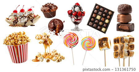 Collection of candy candies treats sweets dessert, caramel popcorn, muffin, chocolate, banana split, ice cream sundae milkshake, marshmallow, lollipop, transparent cutout PNG. Many different variety 131361750