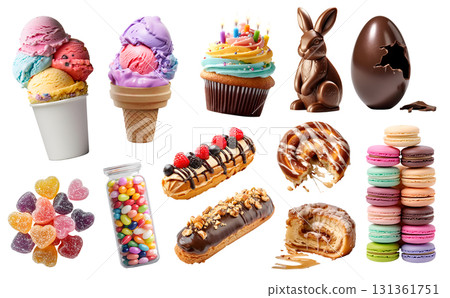 Collection of dessert candy candies treats sweets, easter chocolate, ice cream yoghurt, macaroon, eclairs, cinnamon Roll, cupcake muffin, gummy jelly, on transparent cutout PNG. Many different variety 131361751
