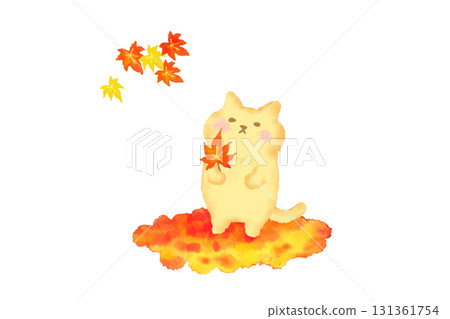 Cute cat enjoying autumn with autumn leaves watercolor illustration Cute cat enjoying autumn with autumn leaves watercolor illustration 131361754