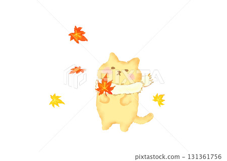 可愛的貓咪享受秋天,秋葉水彩畫 可愛的貓咪享受秋天,秋葉水彩畫 131361756