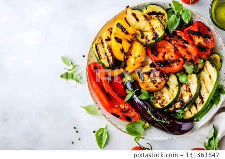 flat lay plate of grilled colorful vegetables flat lay plate of grilled colorful vegetables 131361847