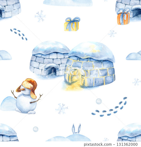 Christmas Inuit seamless pattern, igloo, snowman, holiday winter landscape isolated from background. Watercolor children illustration, New year scenery, snowflake, xmas, footprint, snowdrift 131362000