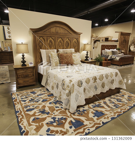 Bed with a white quilt and pillows is displayed in a showroom Bed with a white quilt and pillows is displayed in a showroom 131362009