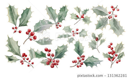 Holly leaves and red berries create festive charm, created AI, PNG 131362281